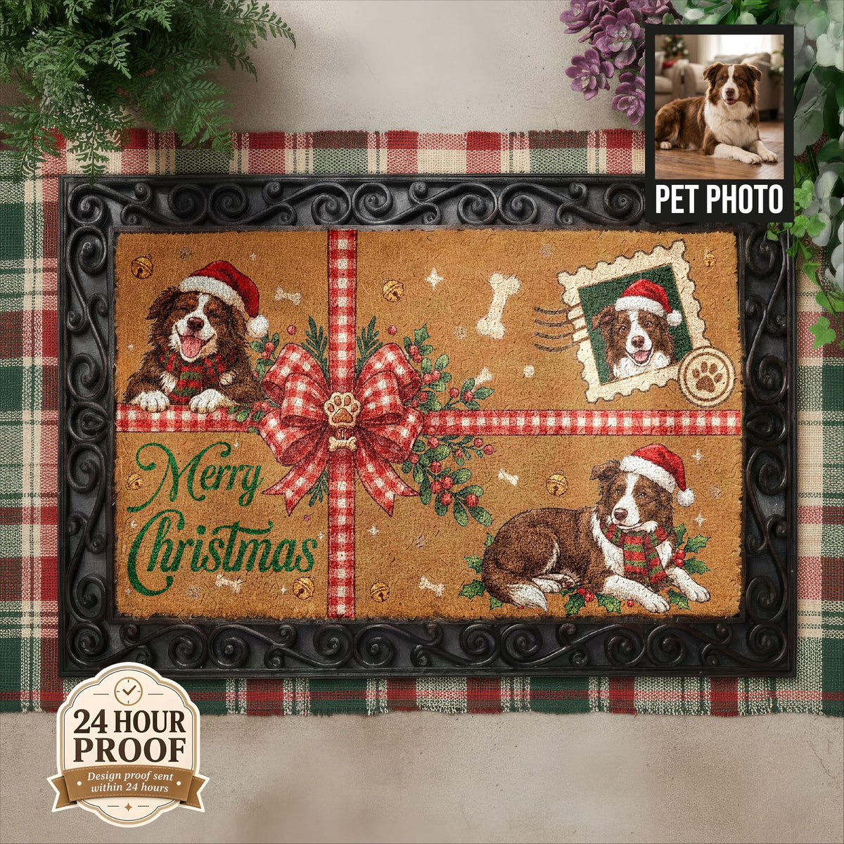 Custom Multiple Pet Photo Christmas Doormat, Personalized Dog Portrait Coir Mat, Merry Christmas Welcome Rug, Dog Lover Holiday Gift