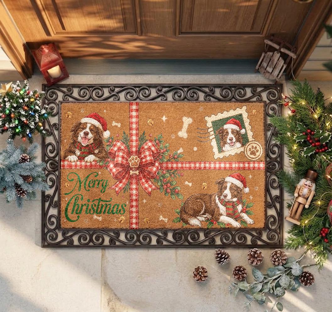 Custom Multiple Pet Photo Christmas Doormat, Personalized Dog Portrait Coir Mat, Merry Christmas Welcome Rug, Dog Lover Holiday Gift