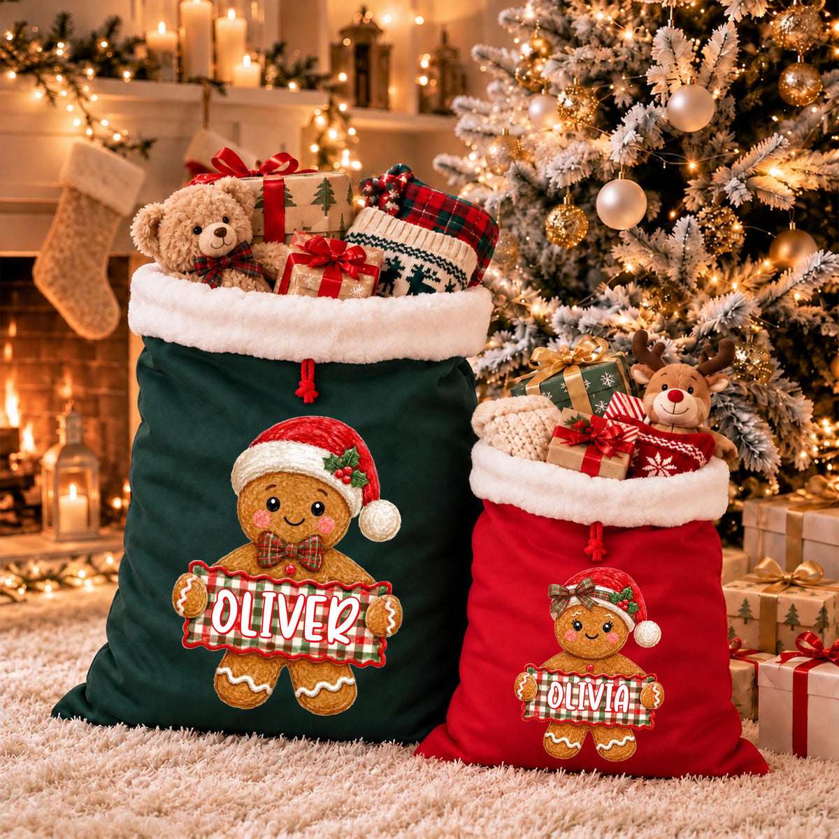 Personalized Santa Sacks, Gingerbread Cookie Gift Bag, Christmas Kids Present Sack, Matching Family Toy Gift Bag