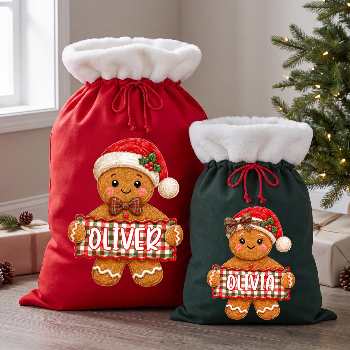Personalized Santa Sacks, Gingerbread Cookie Gift Bag, Christmas Kids Present Sack, Matching Family Toy Gift Bag