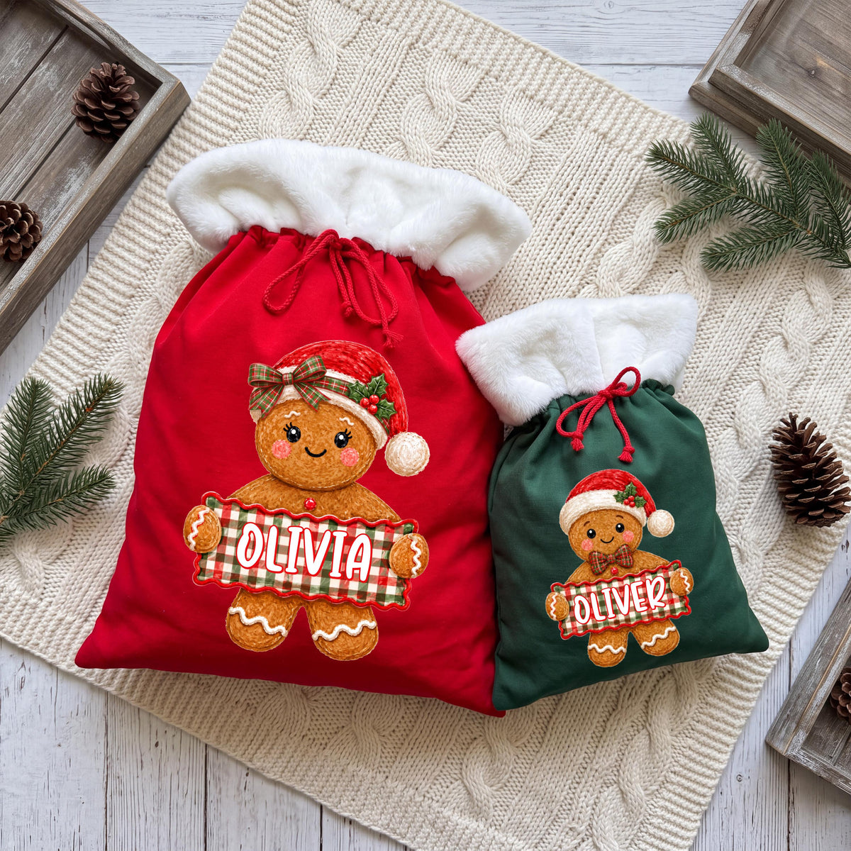 Personalized Santa Sacks, Gingerbread Cookie Gift Bag, Christmas Kids Present Sack, Matching Family Toy Gift Bag
