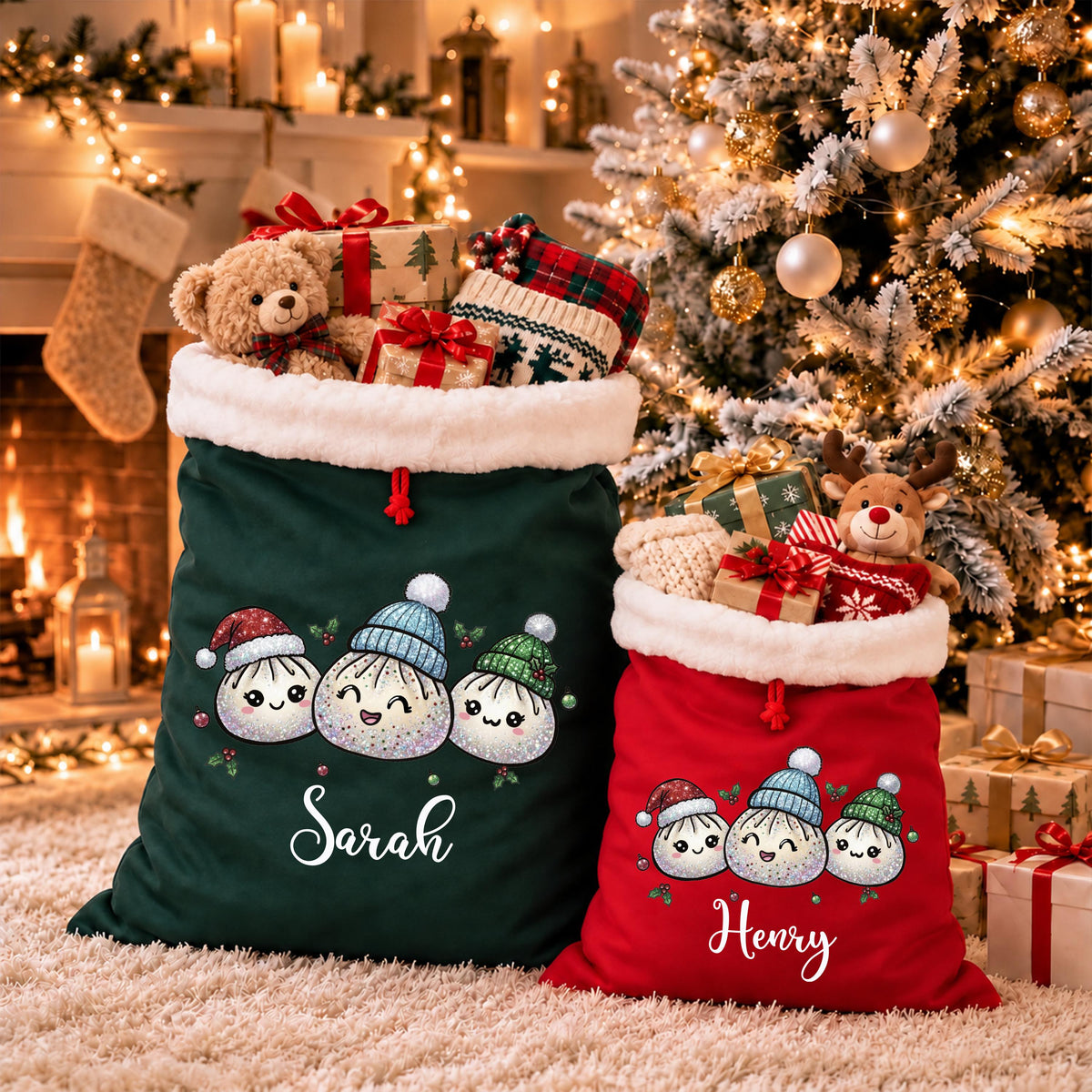 Custom Santa Sacks, Christmas Dumpling Gift Bag, XMAS Kids Present Sack, Matching Family Toy Gift Bag