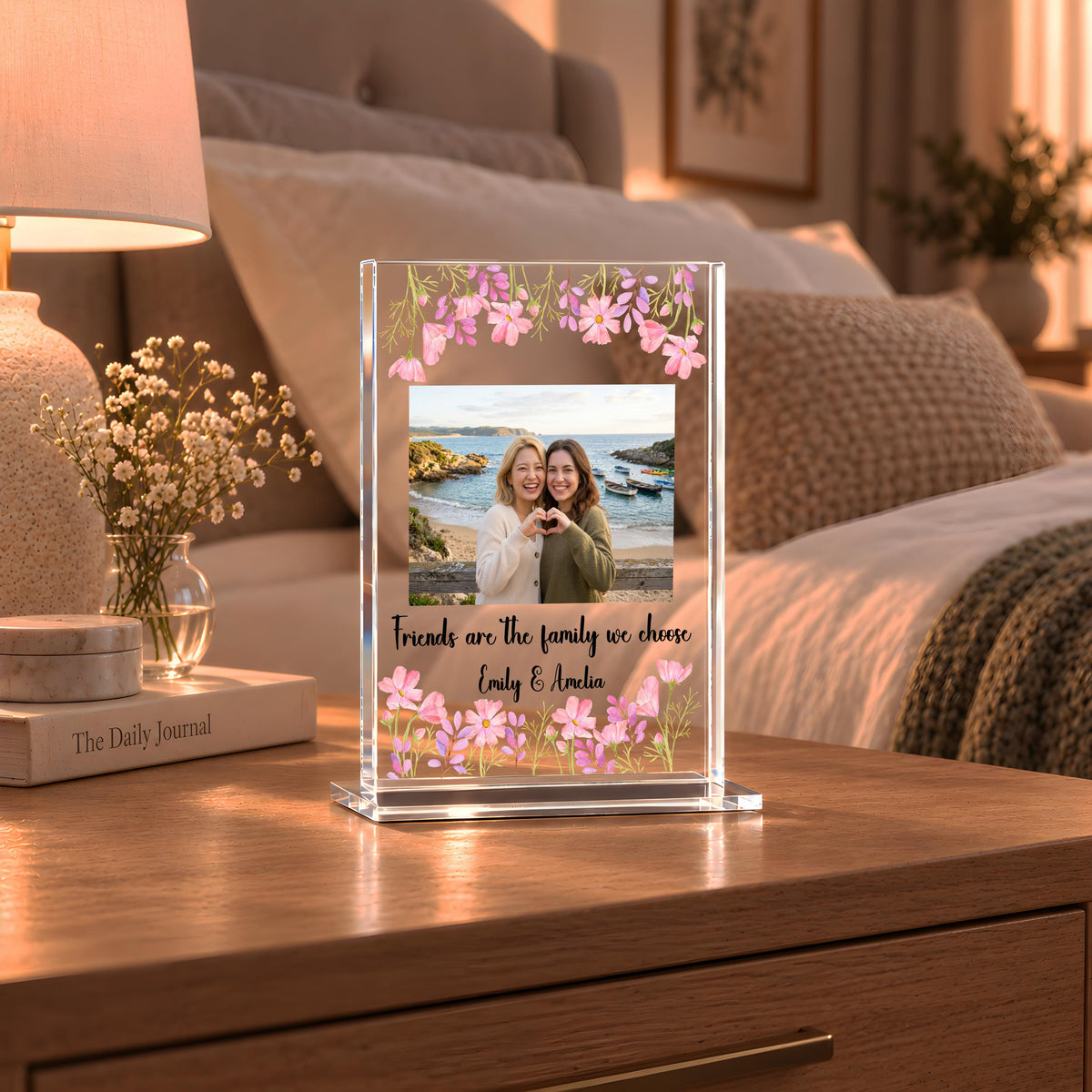Custom Best Friend Photo Plaque, Personalized Floral Friendship Acrylic Sign, Picture Block Bestie Gift