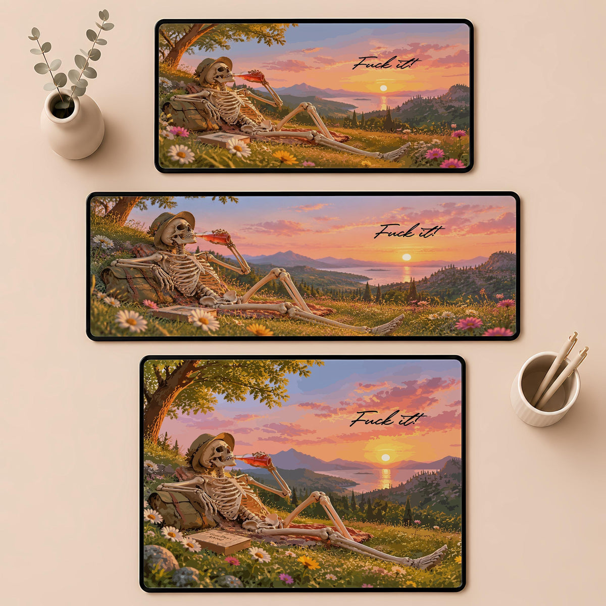 Desk mat with a reclining skeleton, landscape and "Fuck it" lettering