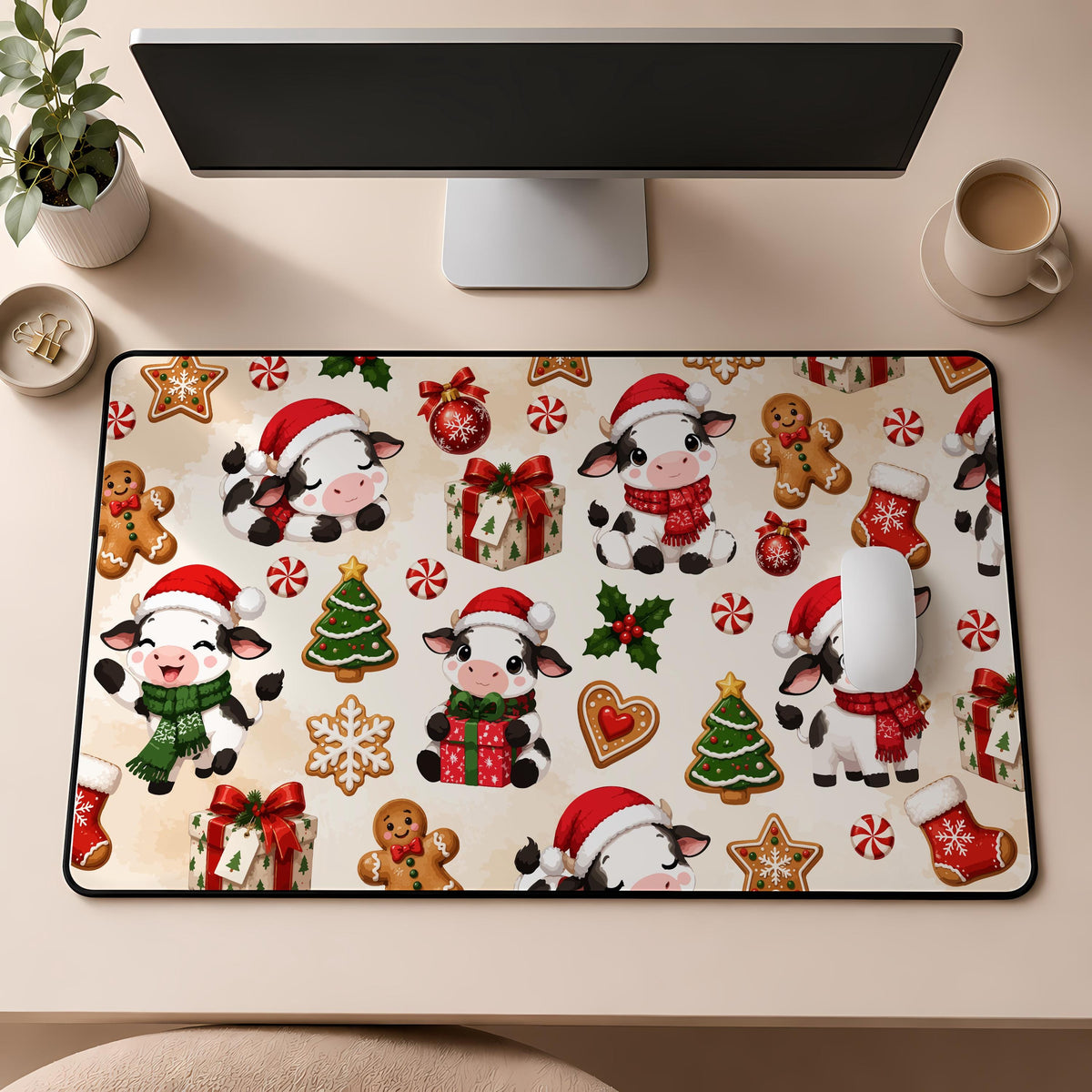 Desk mat with cartoon cows and Christmas decorations