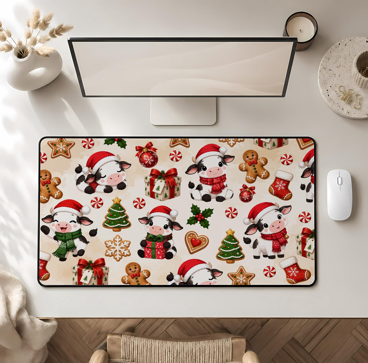 Desk mat with cartoon cows and Christmas decorations