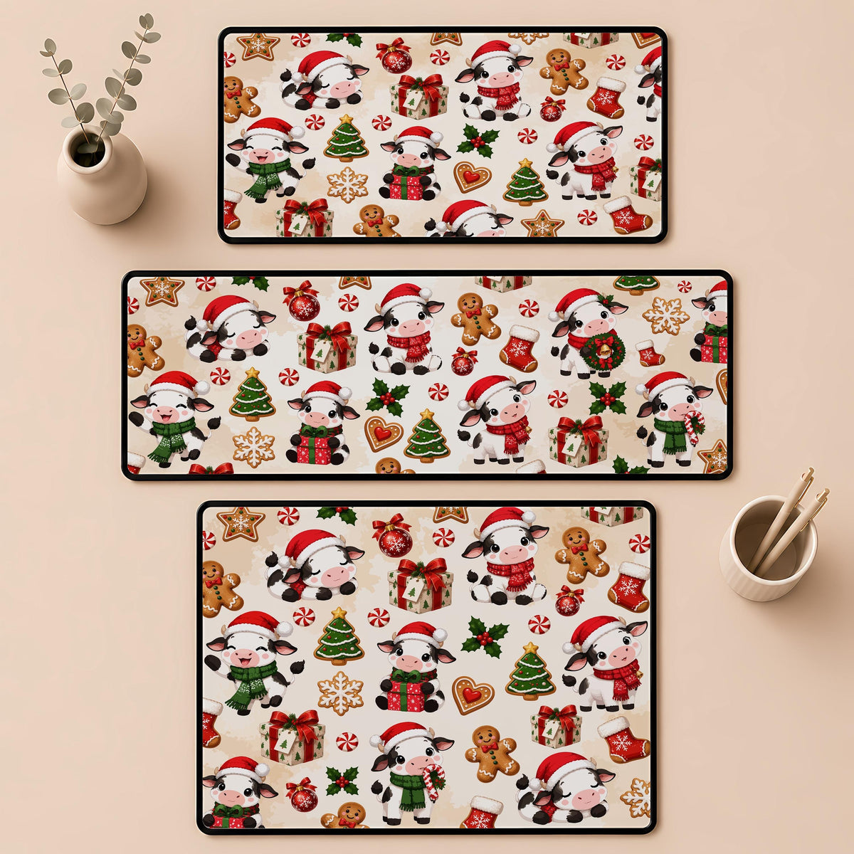 Desk mat with cartoon cows and Christmas decorations