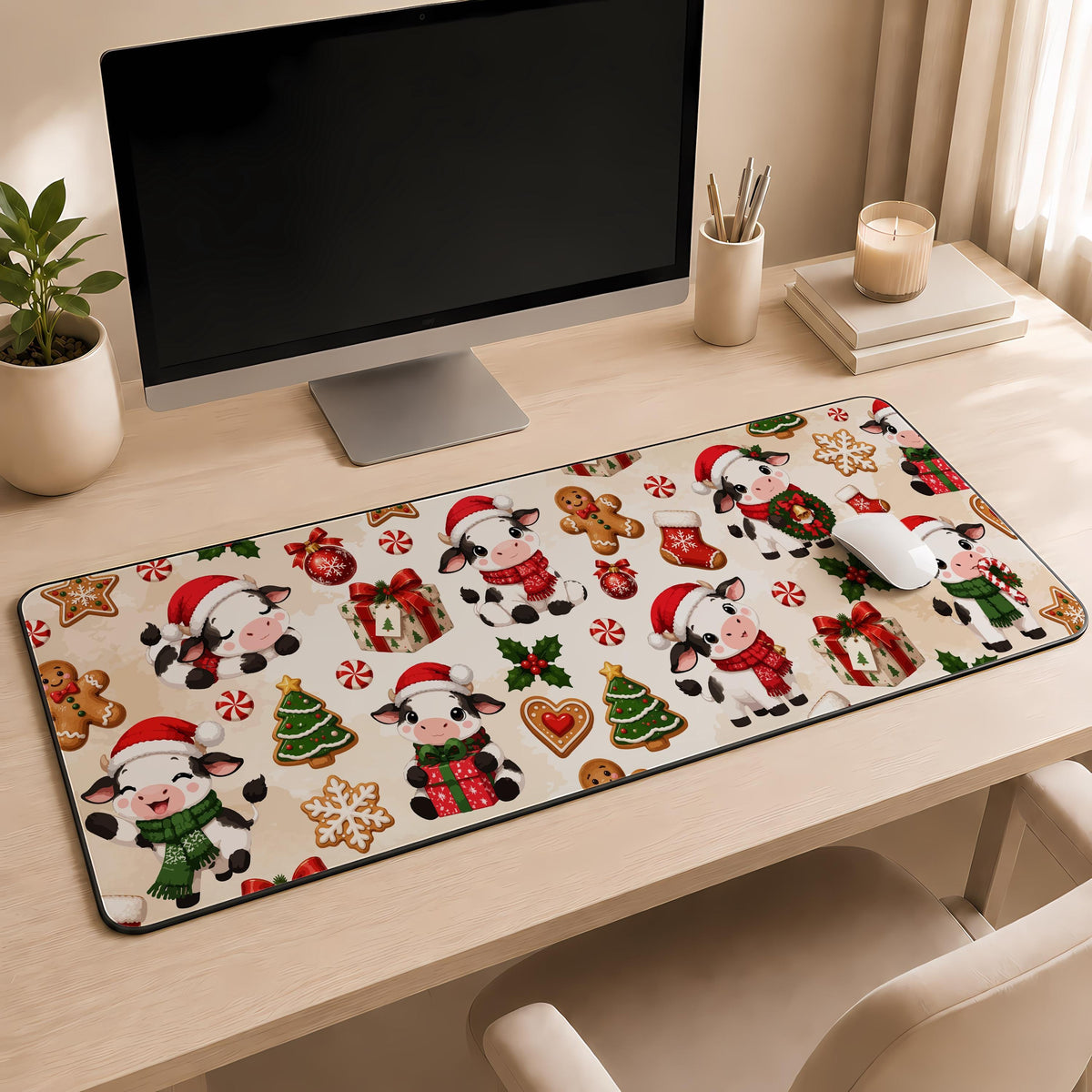Desk mat with cartoon cows and Christmas decorations