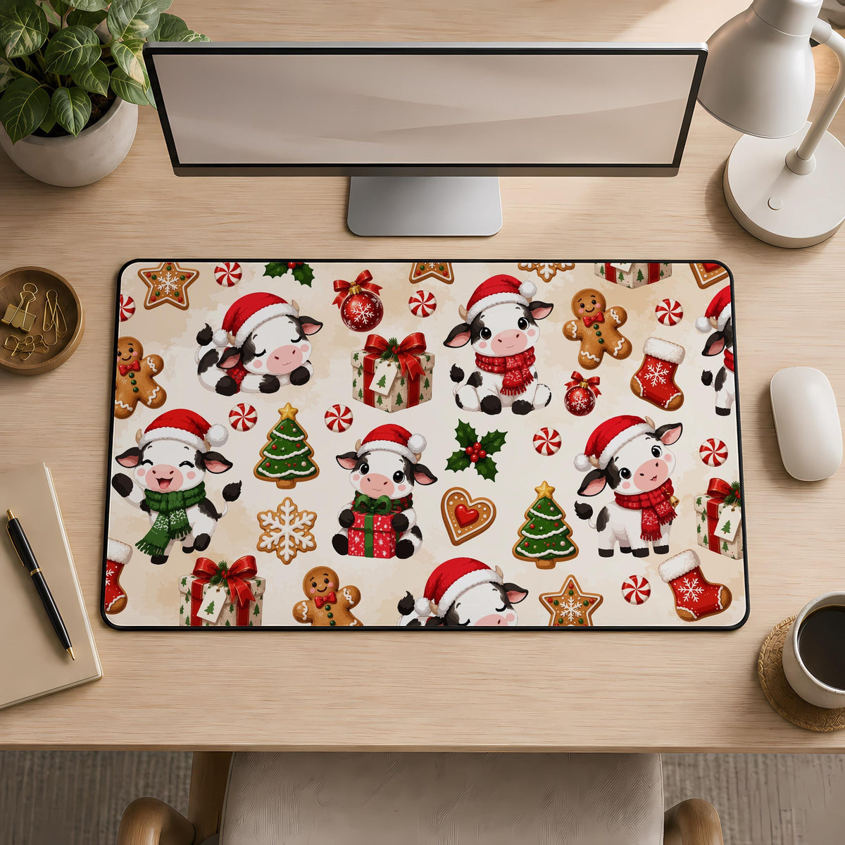 Desk mat with cartoon cows and Christmas decorations