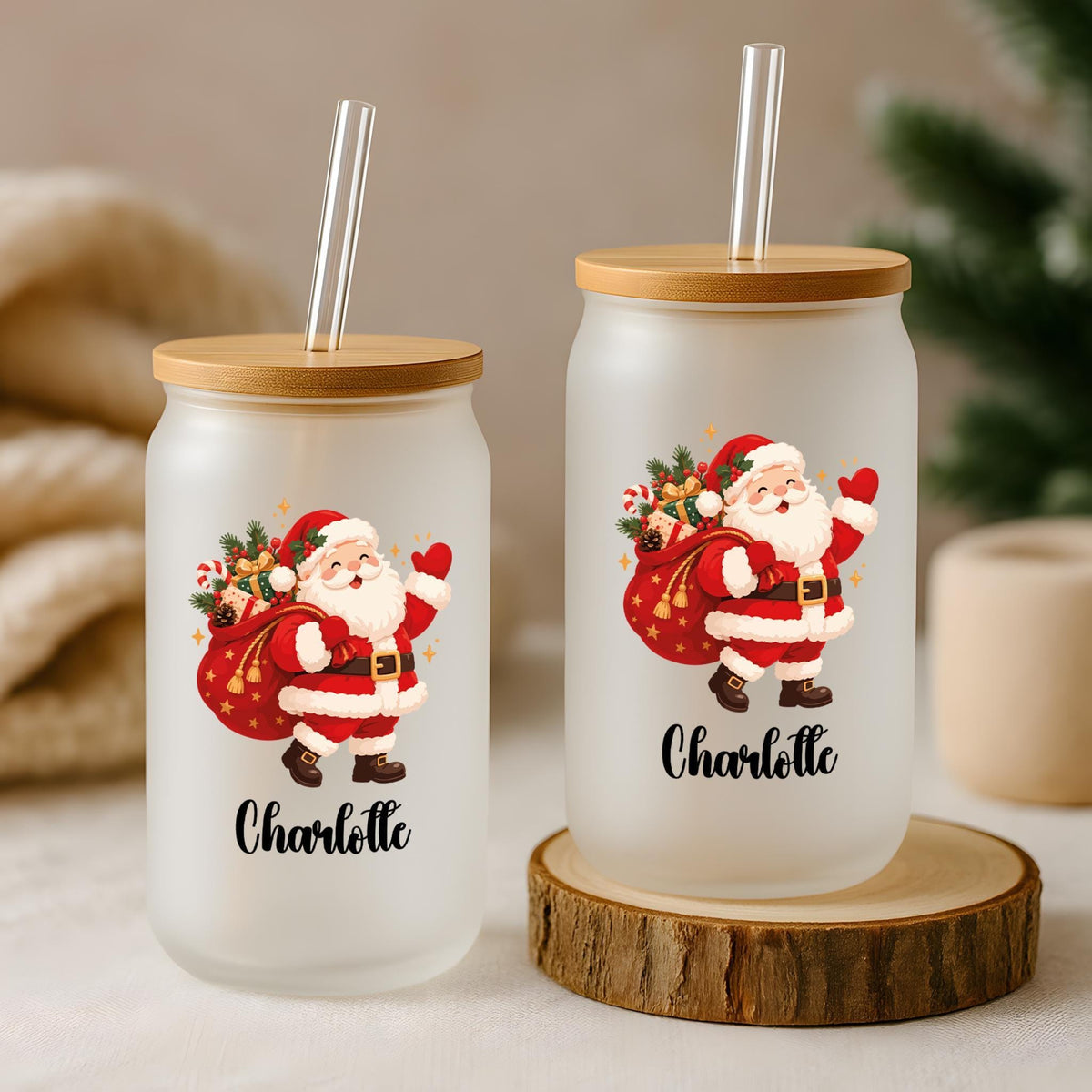 Personalized Christmas Glass Can Cup, Custom Name Holiday Iced Coffee Tumbler, Unique Winter Glassware Gift, Xmas Drinkware Present
