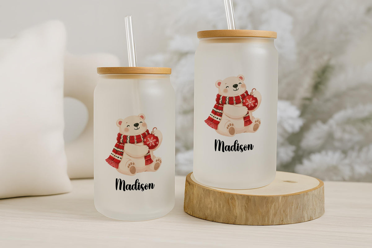 Personalized Christmas Glass Can Cup, Custom Name Holiday Iced Coffee Tumbler, Unique Winter Glassware Gift, Xmas Drinkware Present