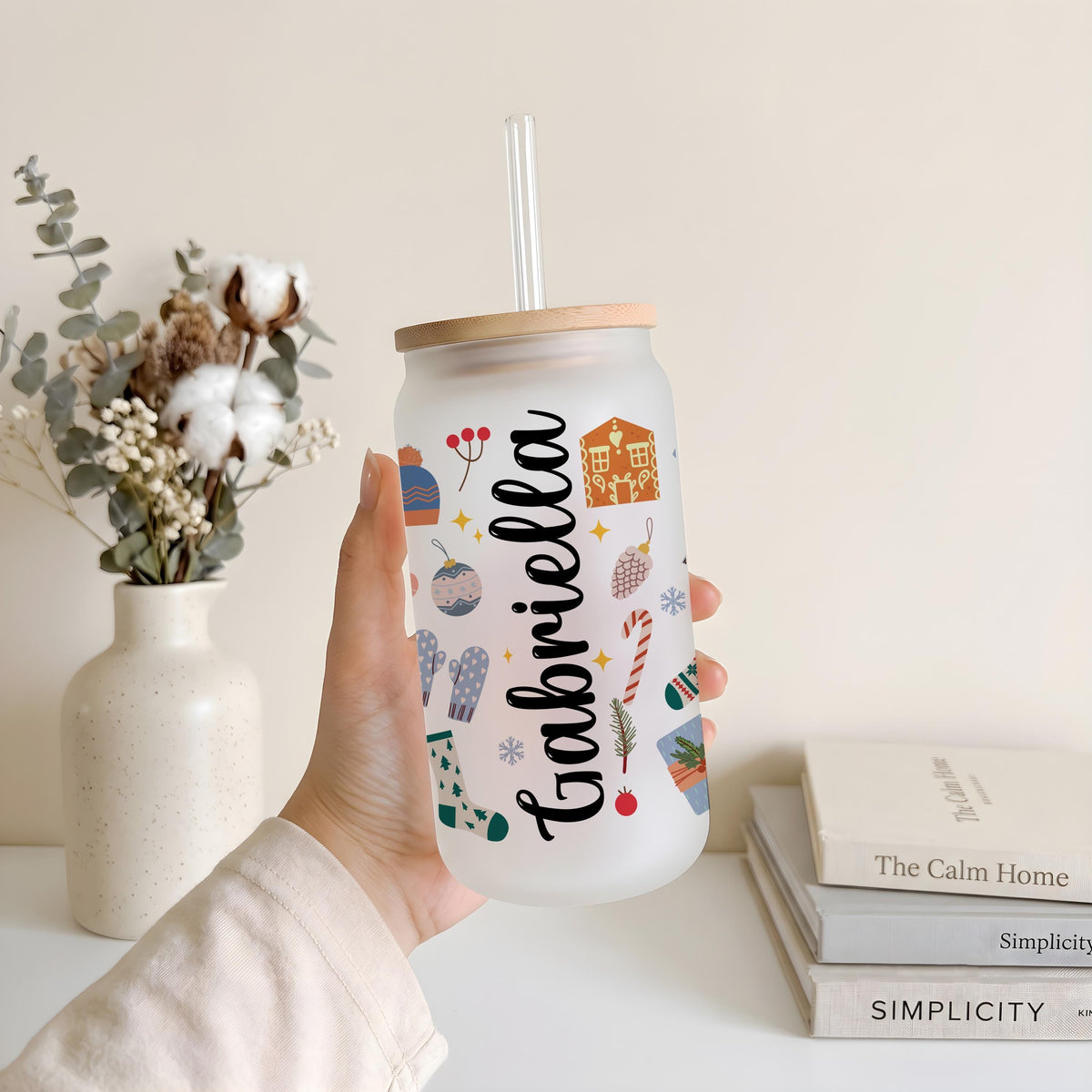 Custom Name Xmas Frosted Glass Cup, Personalized Holiday Can Tumbler, Christmas Icons Pattern Glassware, Winter Gift Idea For Family