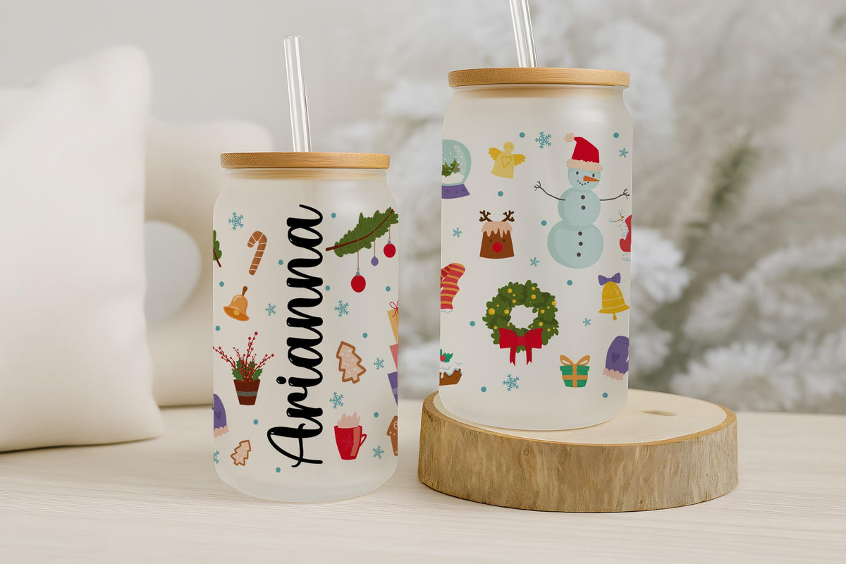 Custom Name Xmas Frosted Glass Cup, Personalized Holiday Can Tumbler, Christmas Icons Pattern Glassware, Winter Gift Idea For Family