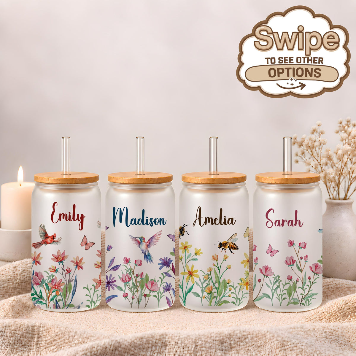 Custom Name Flower Frosted Glass Cup, Wildflower Hummingbird Honeybee Floral Can Tumbler, Personalized Spring Floral Birthday Present