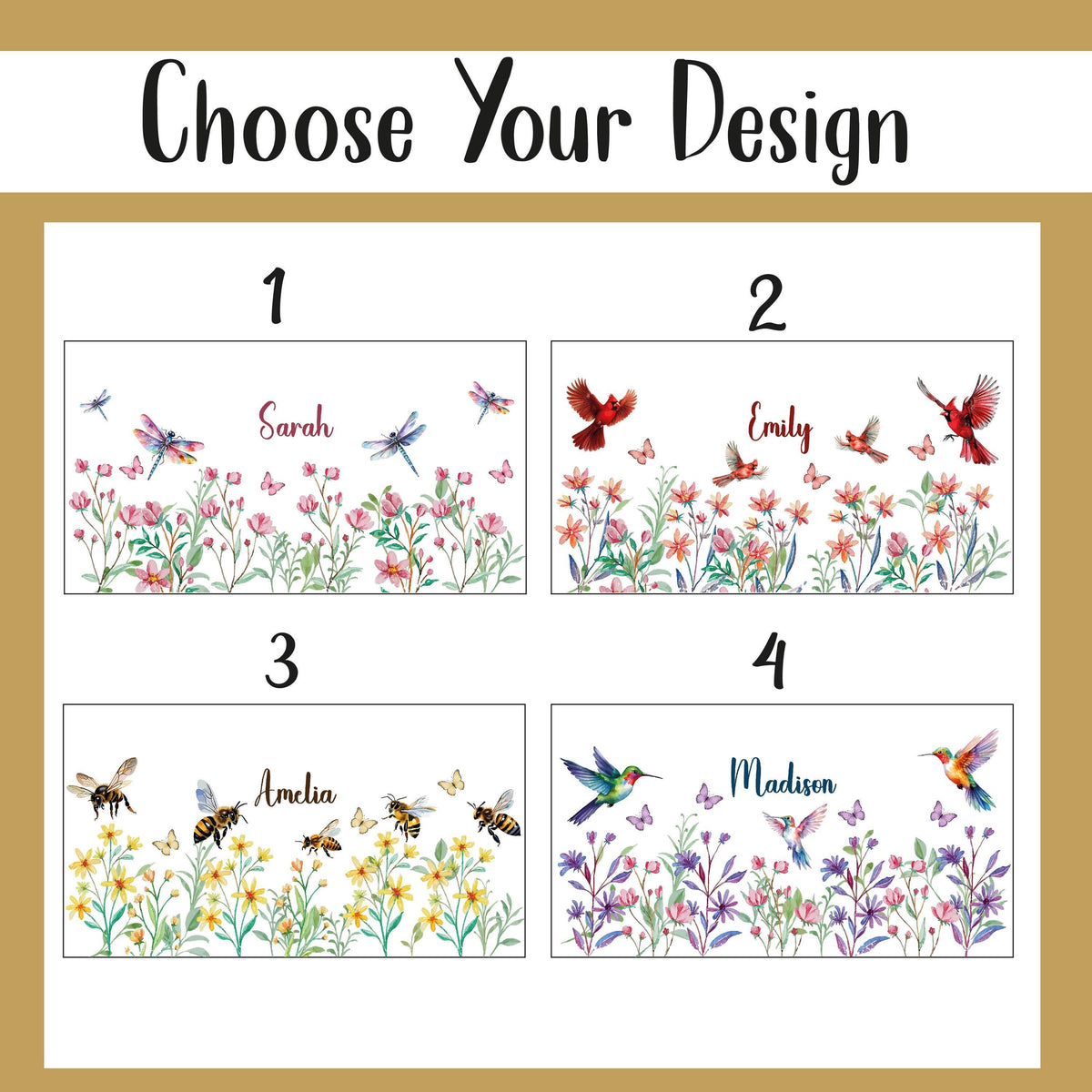 Custom Name Flower Frosted Glass Cup, Wildflower Hummingbird Honeybee Floral Can Tumbler, Personalized Spring Floral Birthday Present