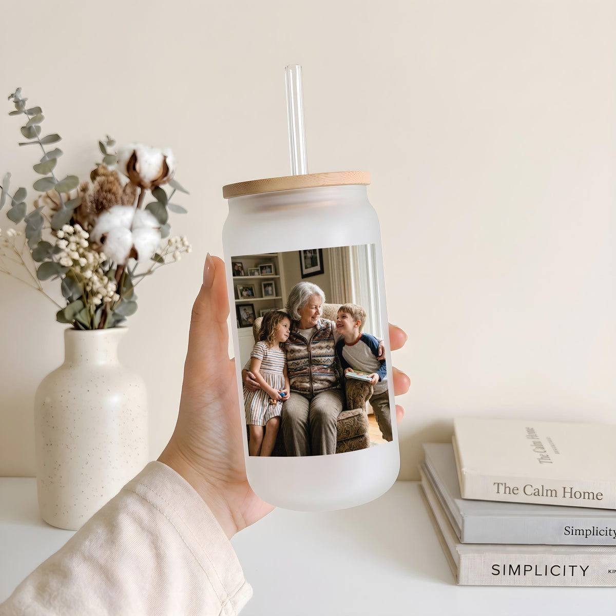 Custom Message & Photo Glass Can Cup, Personalized Picture - Text Iced Coffee Tumbler, Bamboo Lid and Straw Family Gift Glassware