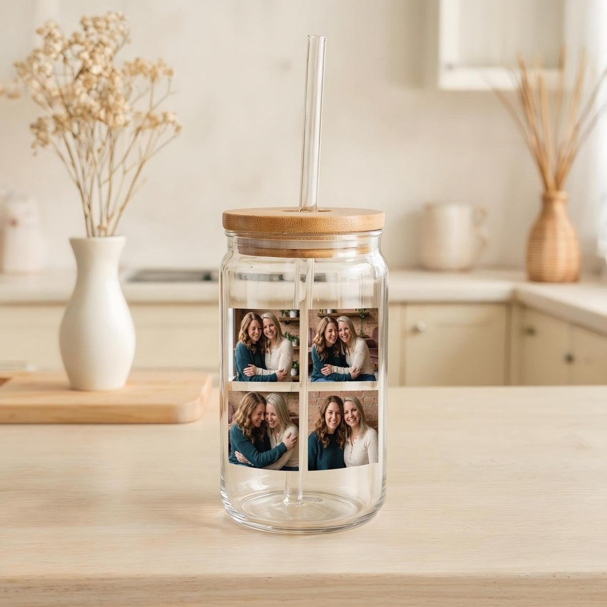 Custom Message & Photo Glass Can Cup, Personalized Picture - Text Iced Coffee Tumbler, Bamboo Lid and Straw Family Gift Glassware