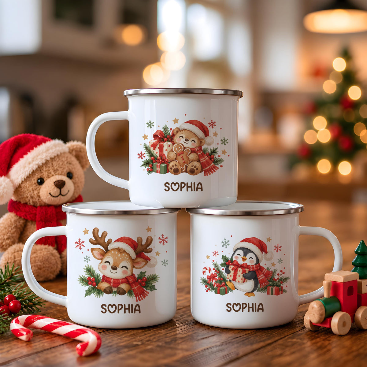 Personalized Holiday Cocoa Mug, Cute Winter Animal Enamel Campfire Cup, Custom Name Christmas Gift, Toddler Girl Boy Kids Stocking Stuffer