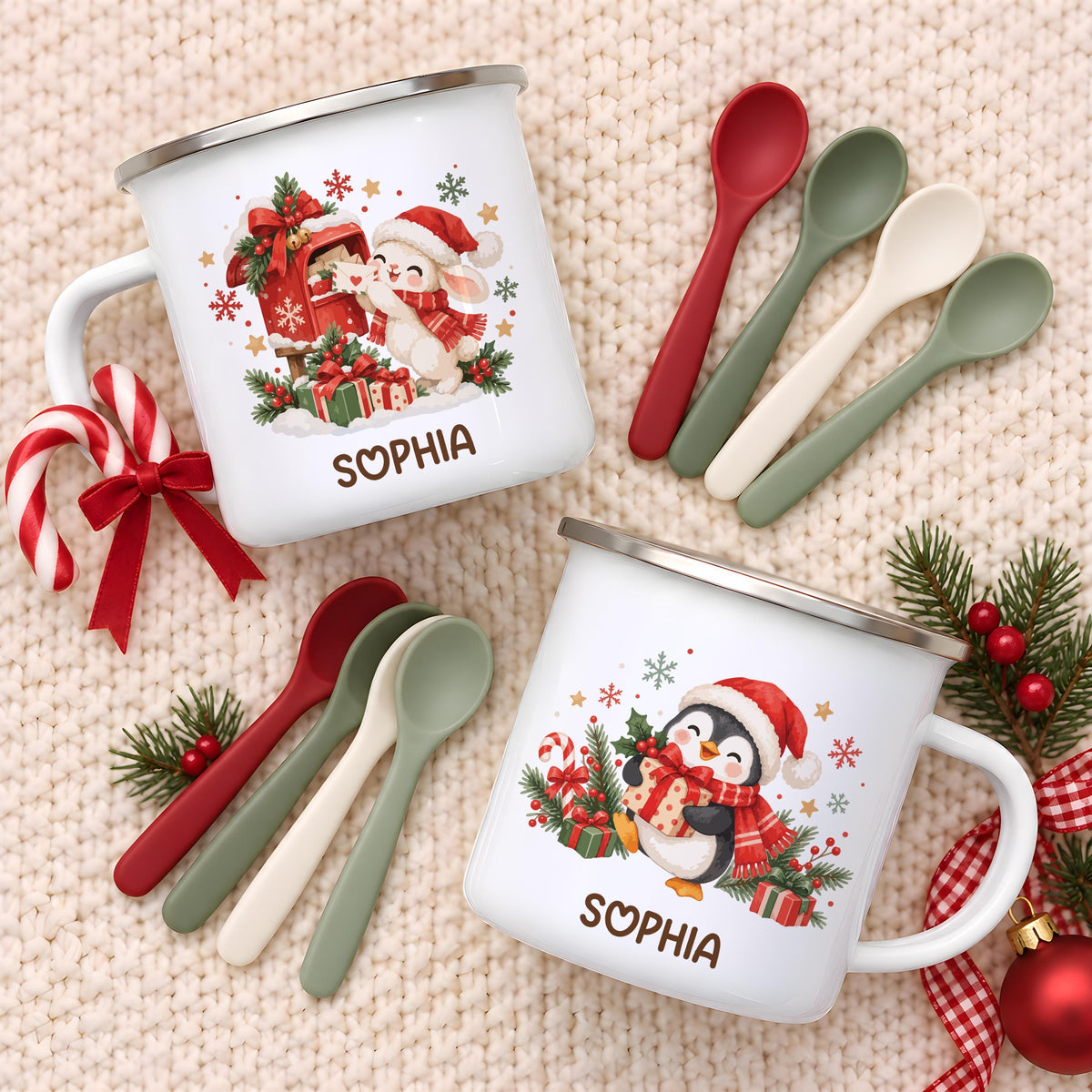 Personalized Holiday Cocoa Mug, Cute Winter Animal Enamel Campfire Cup, Custom Name Christmas Gift, Toddler Girl Boy Kids Stocking Stuffer