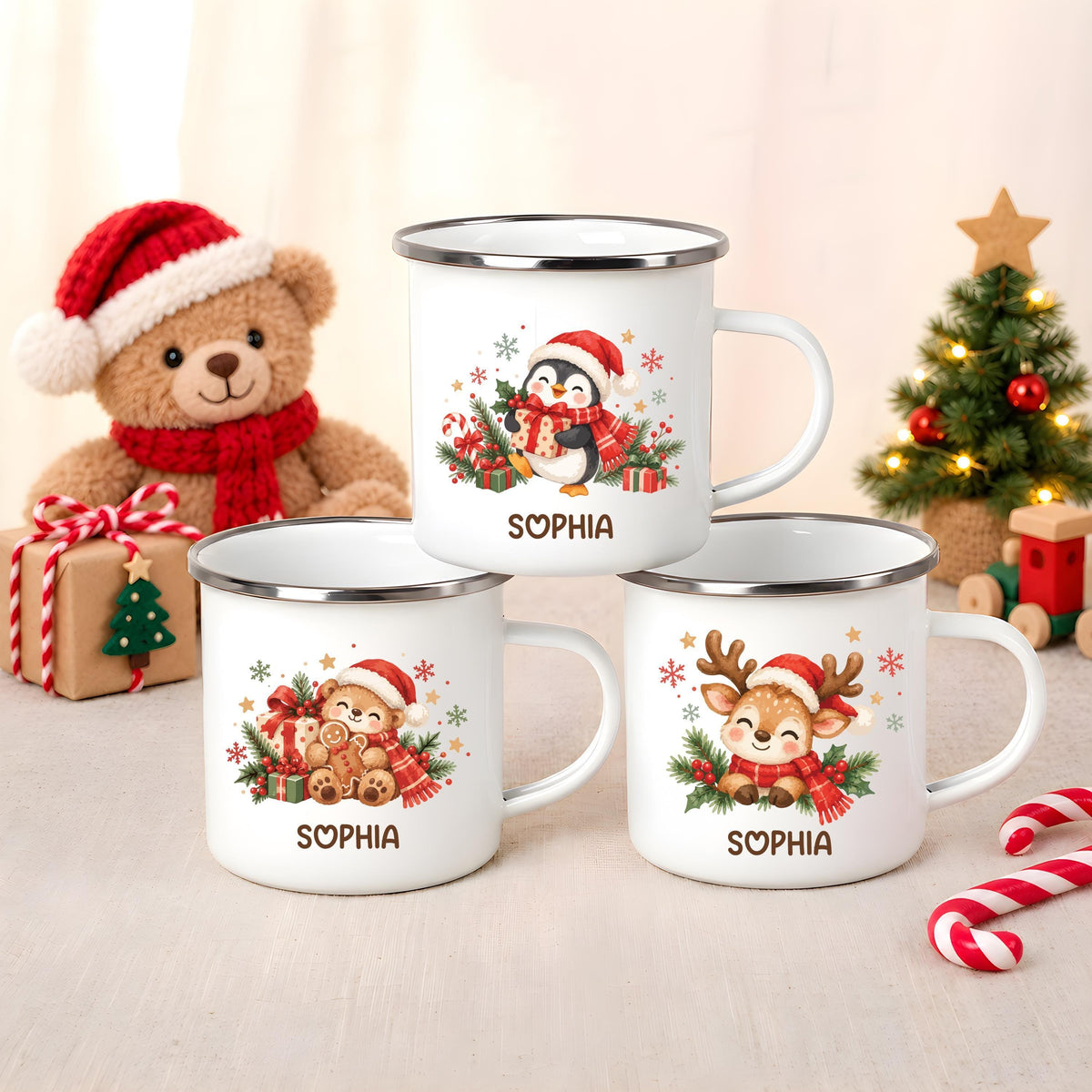 Personalized Holiday Cocoa Mug, Cute Winter Animal Enamel Campfire Cup, Custom Name Christmas Gift, Toddler Girl Boy Kids Stocking Stuffer