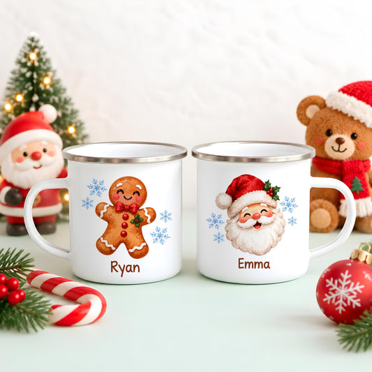 Personalized Christmas Enamel Camp Mug, Custom Name Santa Gingerbread Man Cup, Cute Holiday Cocoa Drinkware, Toddler Kids Xmas Gift