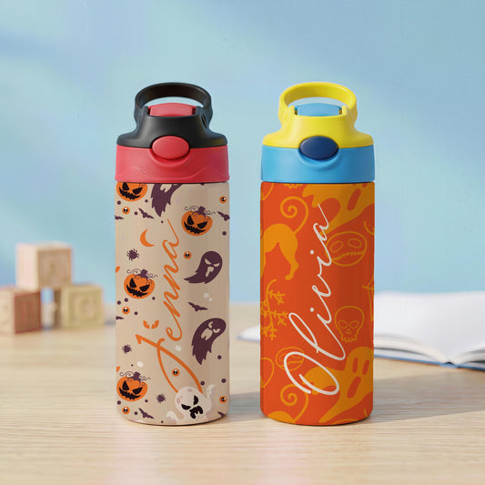 Custom Name Halloween Water Bottle with Flip Straw, Personalized Ghost Pumpkin Theme Kids Holiday Tumbler, Spooky Season Grandkids Gift