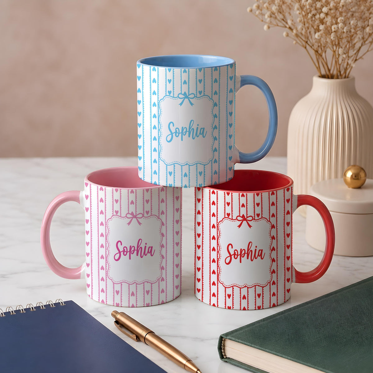 Personalized Coquette Aesthetic Coffee Cup, Custom Name Colorful Accent Mug, Heart Pattern Ceramic Drinkware Gift, Mother Sister Present