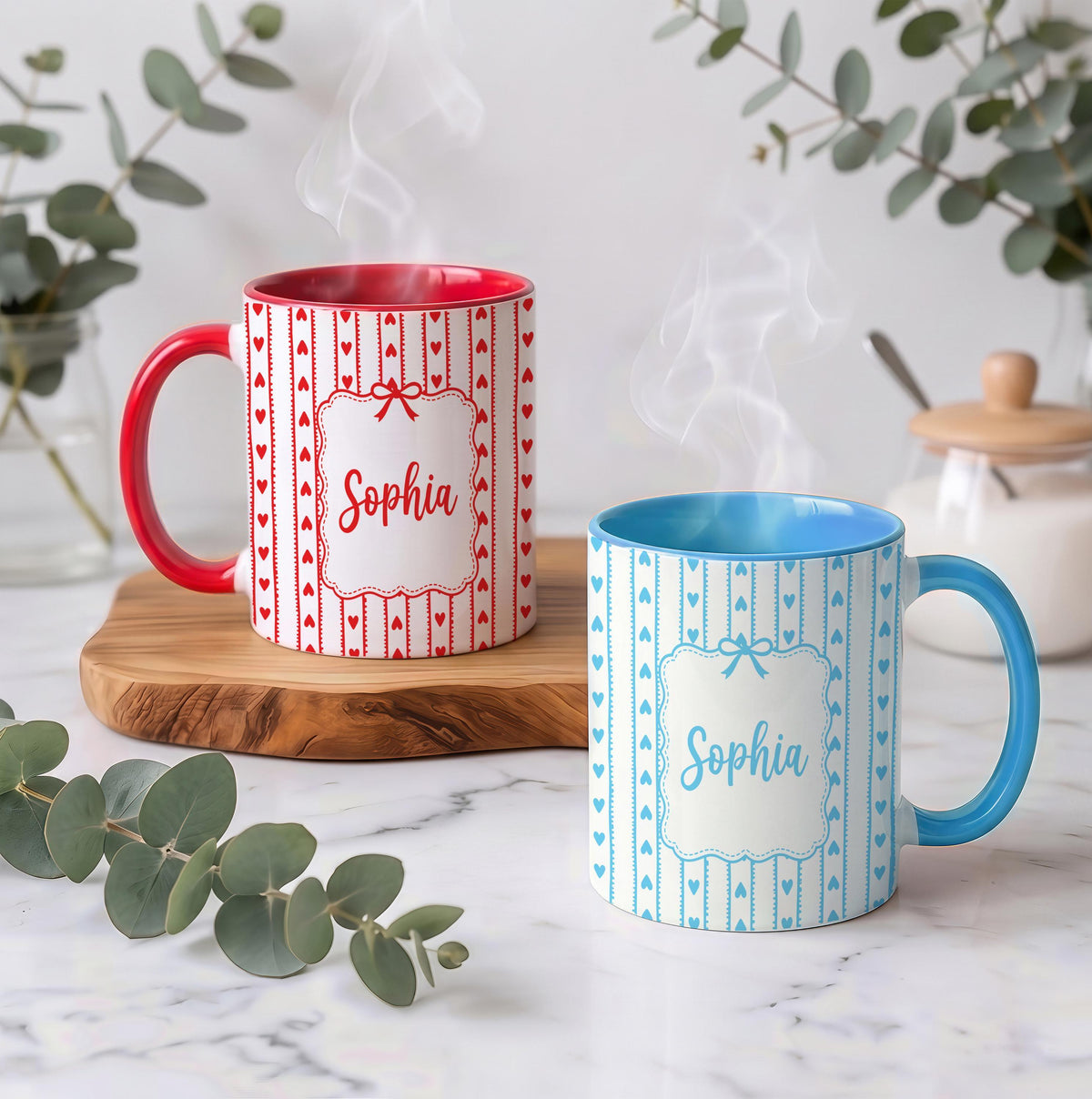 Personalized Coquette Aesthetic Coffee Cup, Custom Name Colorful Accent Mug, Heart Pattern Ceramic Drinkware Gift, Mother Sister Present
