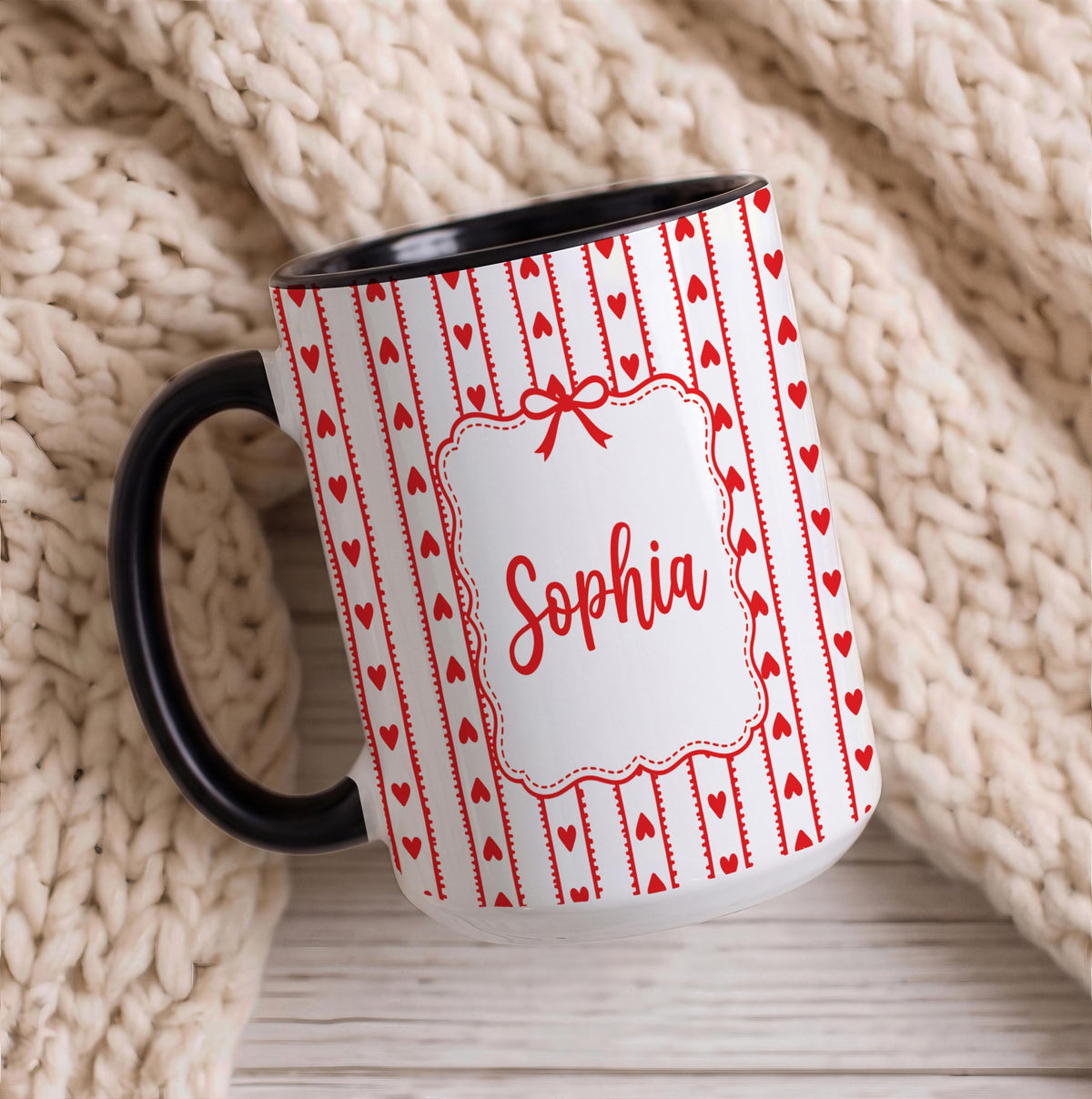 Personalized Coquette Aesthetic Coffee Cup, Custom Name Colorful Accent Mug, Heart Pattern Ceramic Drinkware Gift, Mother Sister Present