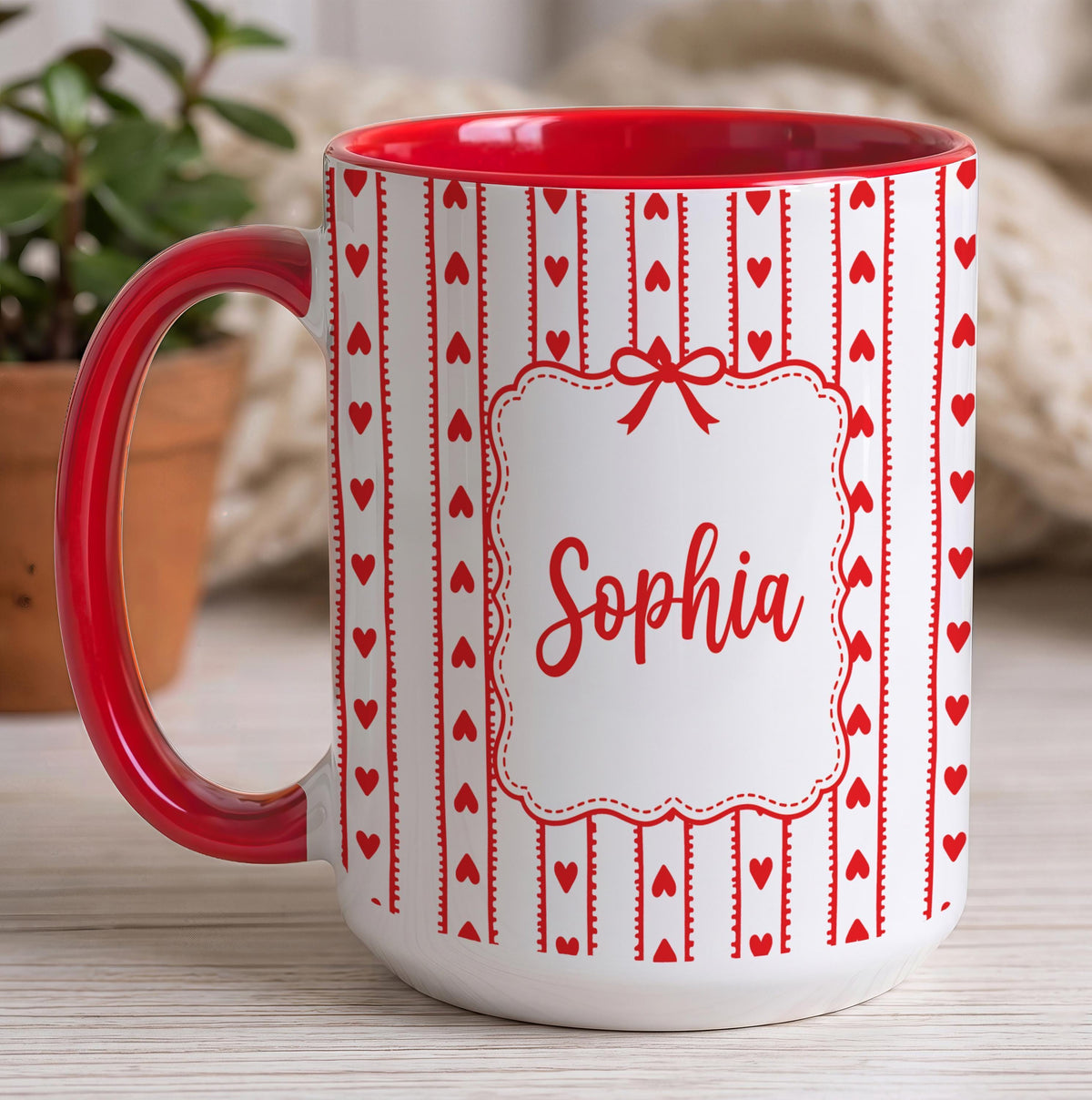 Personalized Coquette Aesthetic Coffee Cup, Custom Name Colorful Accent Mug, Heart Pattern Ceramic Drinkware Gift, Mother Sister Present