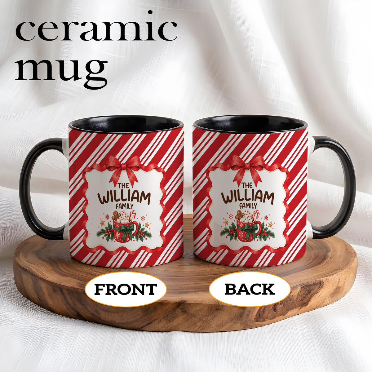 Personalized Family Christmas Mug, Custom Hot Cocoa Cup, Candy Cane Striped Coffee Mug, Holiday Family Gift