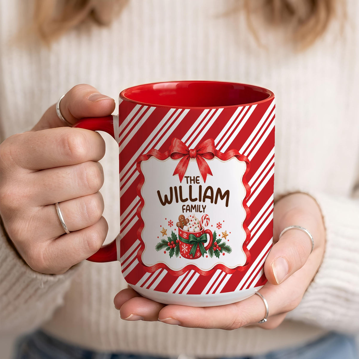 Personalized Family Christmas Mug, Custom Hot Cocoa Cup, Candy Cane Striped Coffee Mug, Holiday Family Gift