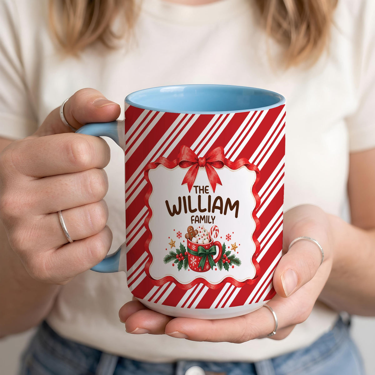 Personalized Family Christmas Mug, Custom Hot Cocoa Cup, Candy Cane Striped Coffee Mug, Holiday Family Gift