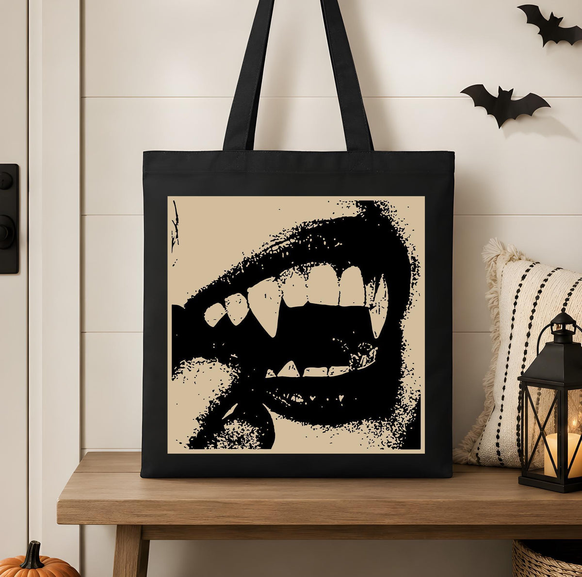 Gothic Vampire Fangs Canvas Tote Bag, Spooky Mouth Teeth Shoulder Handbag, Dark Cottagecore Halloween Shopper, Autumn Gift Her Bestie