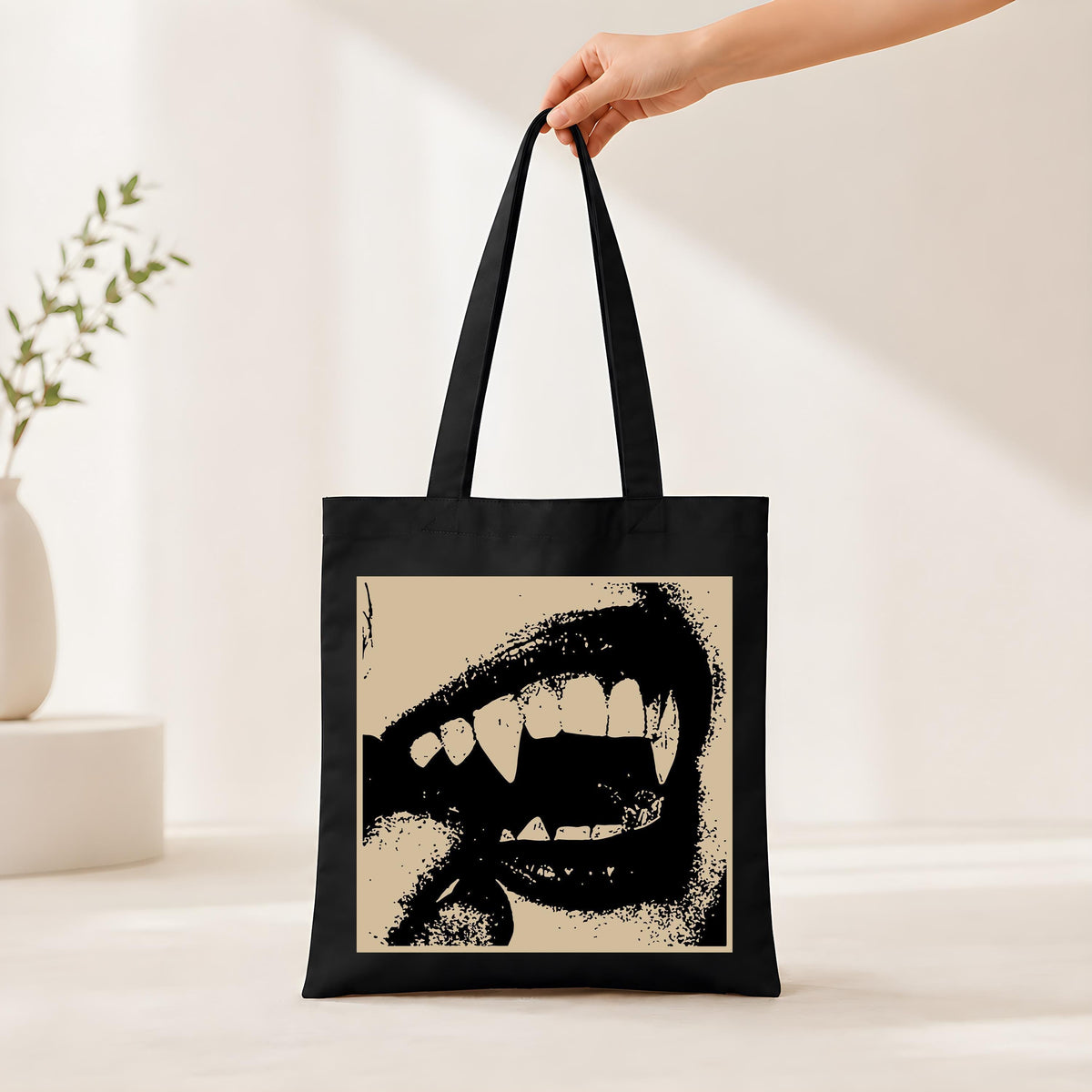 Gothic Vampire Fangs Canvas Tote Bag, Spooky Mouth Teeth Shoulder Handbag, Dark Cottagecore Halloween Shopper, Autumn Gift Her Bestie