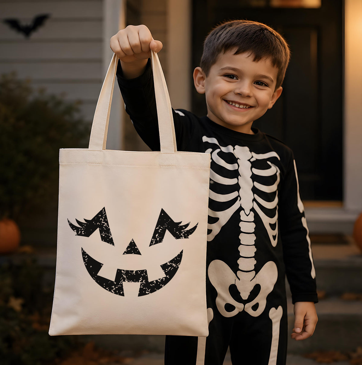 Halloween Jack O Lantern Tote Bag, Spooky Pumpkin Face Canvas Bag, Trick Or Treat Candy Shoulder Handbag, Cute Fall Gift Kids Girl Boy
