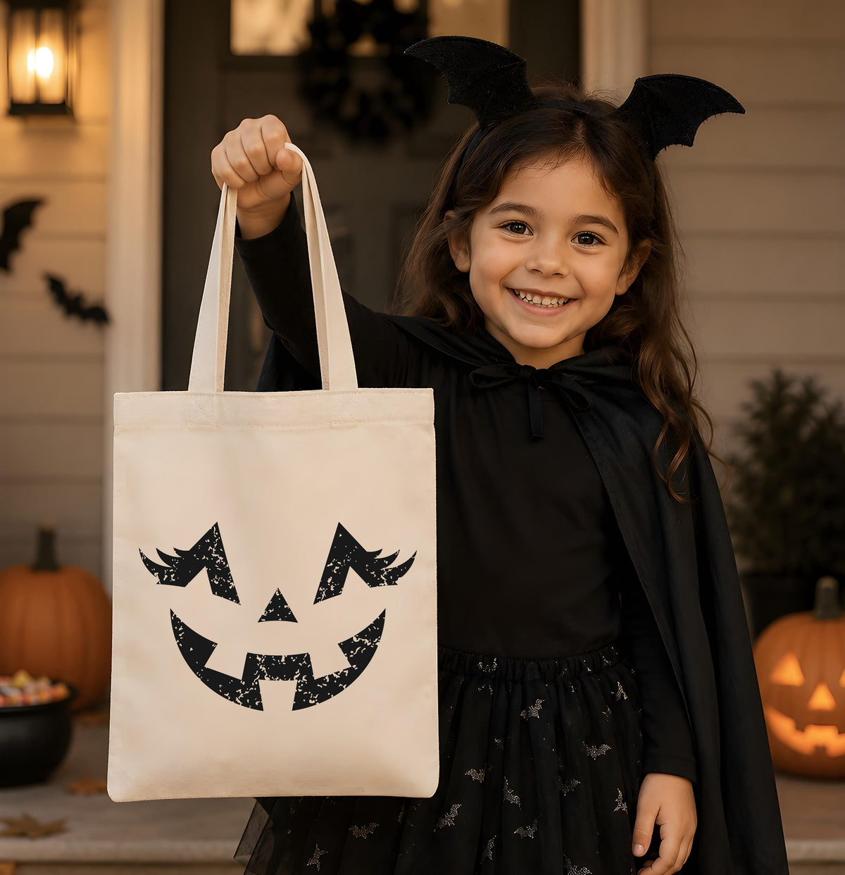 Halloween Jack O Lantern Tote Bag, Spooky Pumpkin Face Canvas Bag, Trick Or Treat Candy Shoulder Handbag, Cute Fall Gift Kids Girl Boy