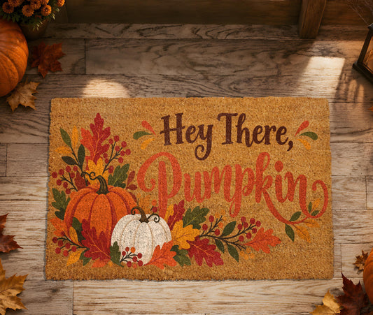 Hey There Pumpkin Coir Doormat, Fall Autumn Pumpkins Welcome Mat, Autumn Leaves Thanksgiving Entryway Decor, Housewarming Gift for Friend