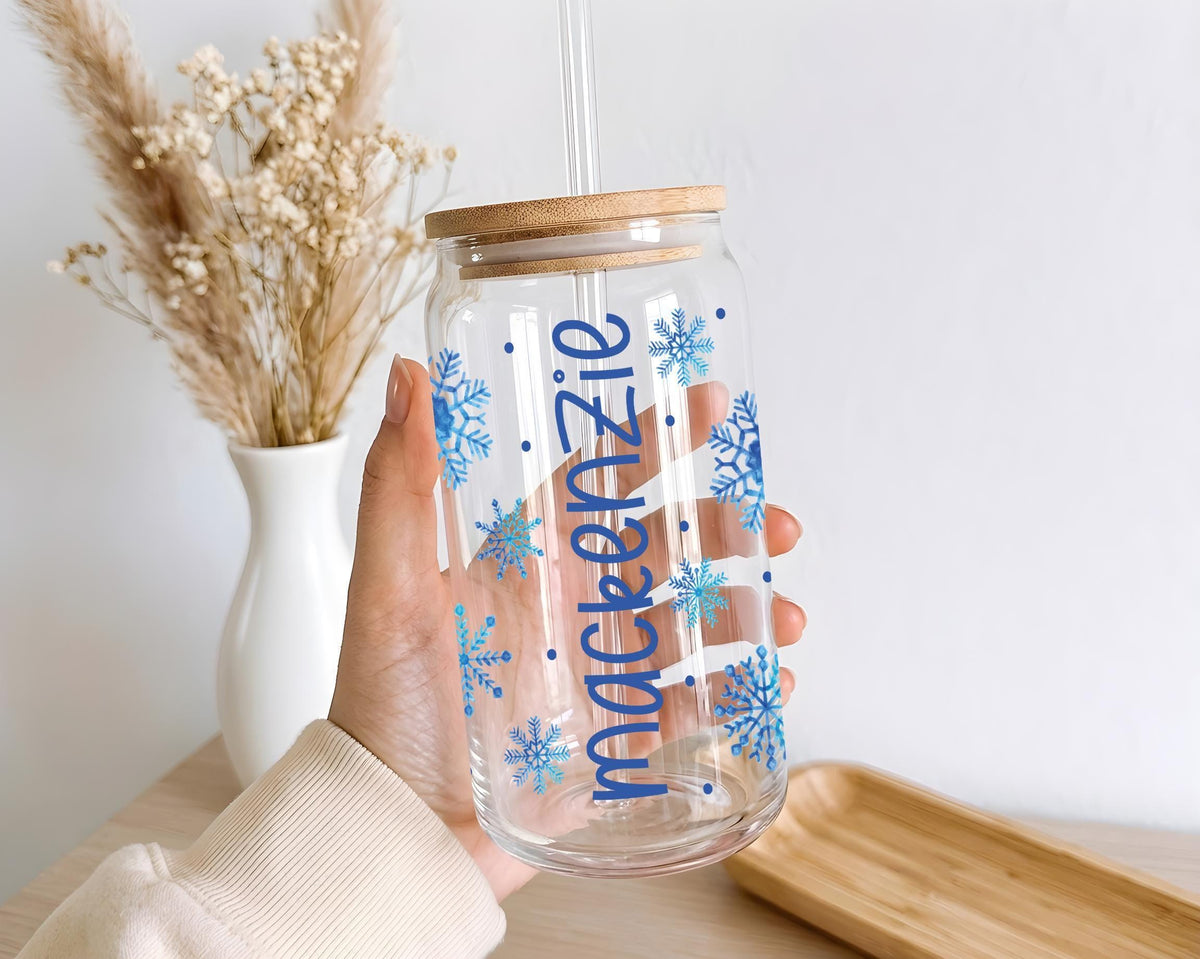 Personalized Christmas Glass Can Cup, Custom Name Gingerbread Snowflake Iced Coffee Tumbler, Holiday Gift Glassware, Family Xmas Present