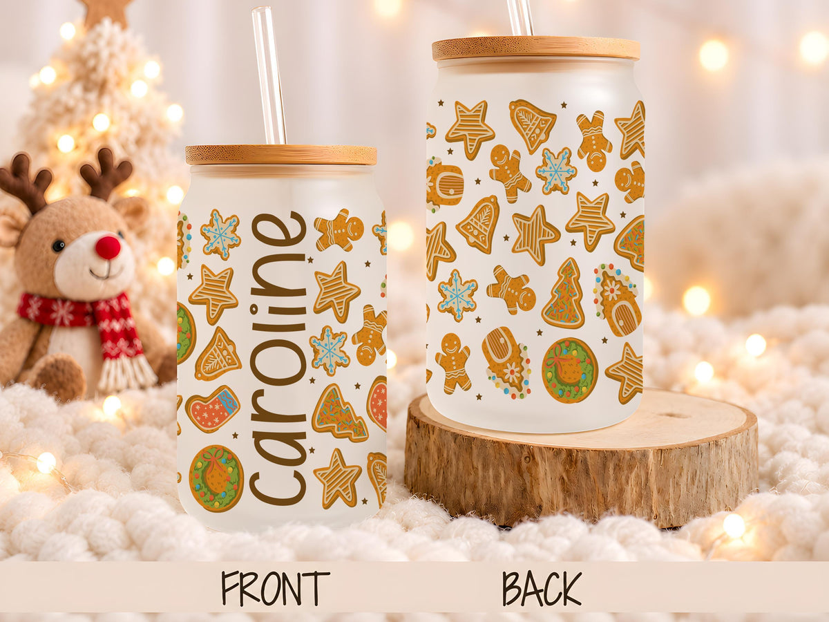 Personalized Christmas Glass Can Cup, Custom Name Gingerbread Snowflake Iced Coffee Tumbler, Holiday Gift Glassware, Family Xmas Present