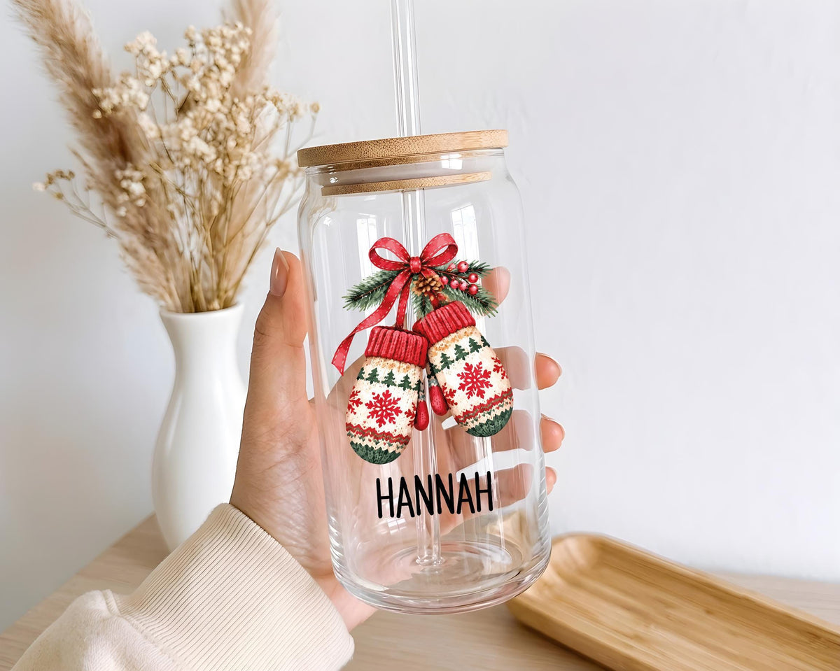Custom Name Cozy Holiday Iced Coffee Cup, Personalized Christmas Can Glass Tumbler, Gingerbread Theme Matching Xmas Drinkware Gift