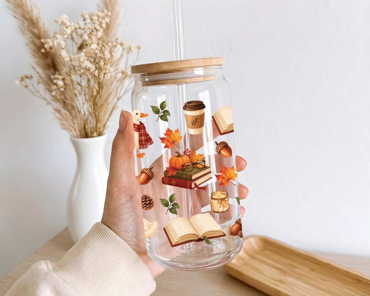 Cozy Fall Glass Can Cup, Cute Autumn Pumpkin Book Duck Glass Tumbler, Bamboo Lid Straw Iced Coffee Cup, Thanksgiving Gift Her