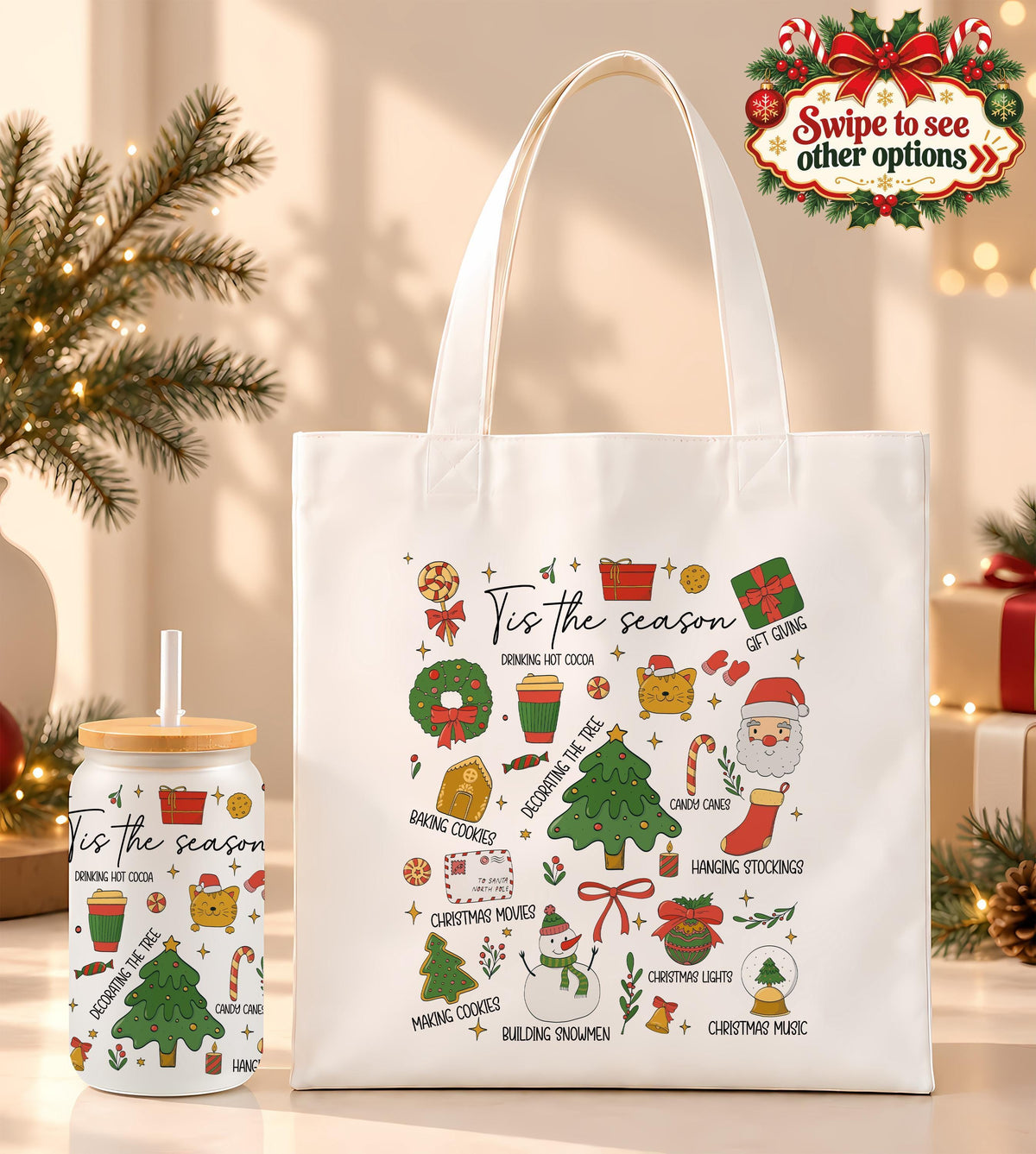 Personalized Tis The Season Christmas Matching Canvas Tote & Glass Cup, Holiday Pattern Iced Coffee Tumbler and Shoulder Bag, Xmas Gift Her