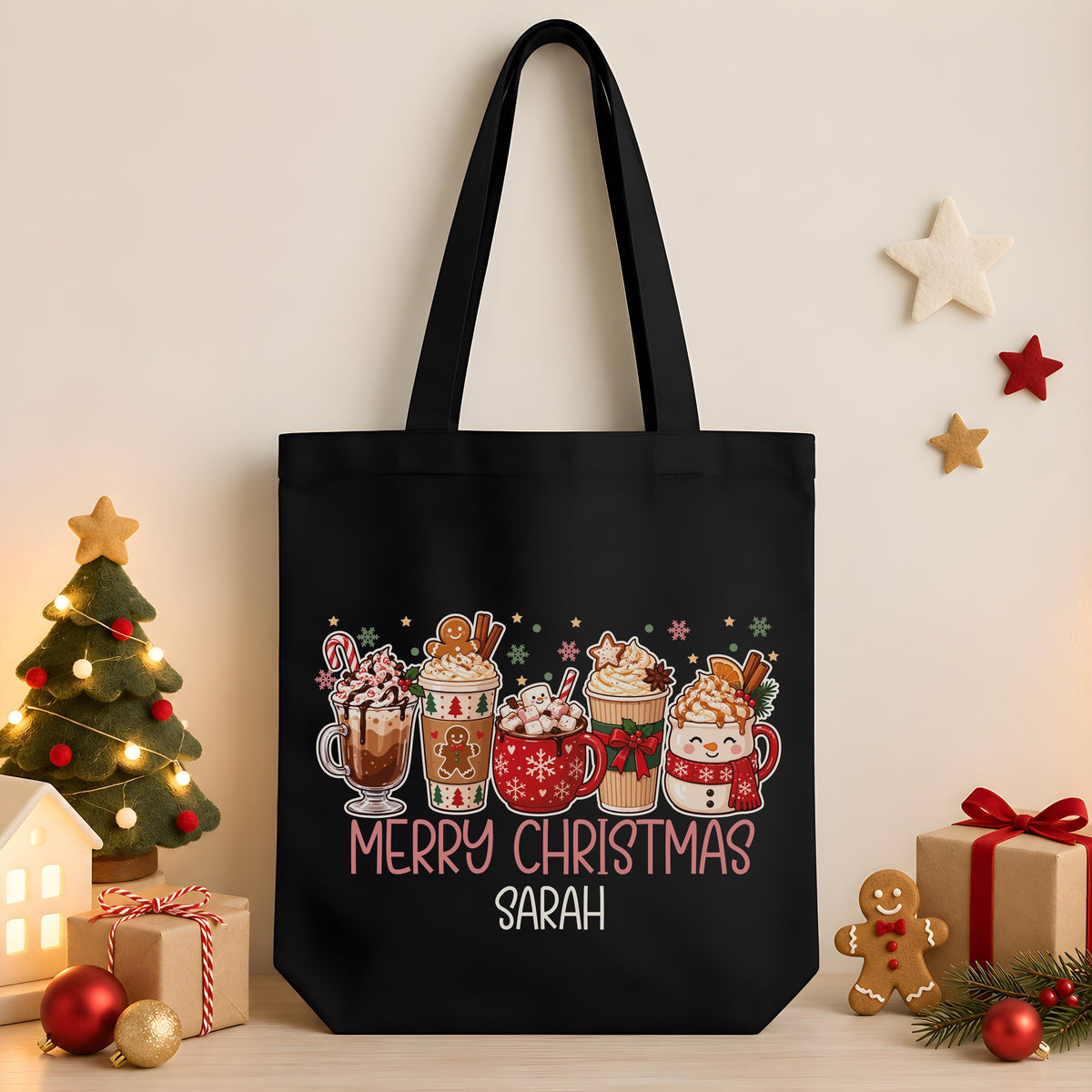 Custom Name Merry Christmas Canvas Tote Bag, Cozy Hot Cocoa Glass Can Cup, Personalized Cute Christmas Morning Gift Box Set For Her