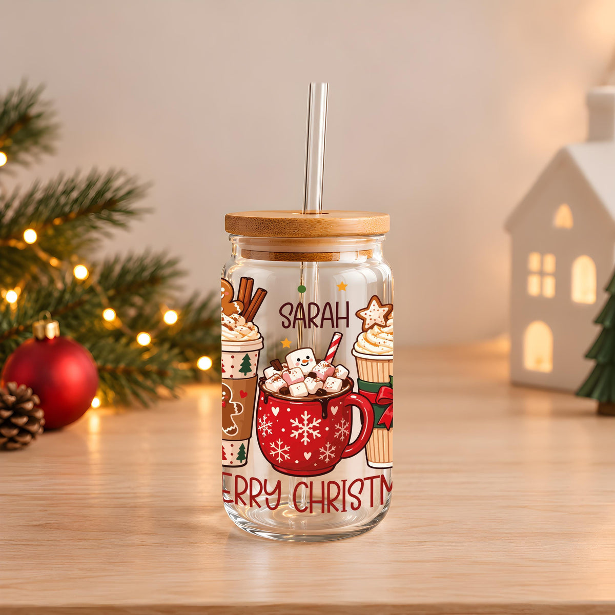 Custom Name Merry Christmas Canvas Tote Bag, Cozy Hot Cocoa Glass Can Cup, Personalized Cute Christmas Morning Gift Box Set For Her