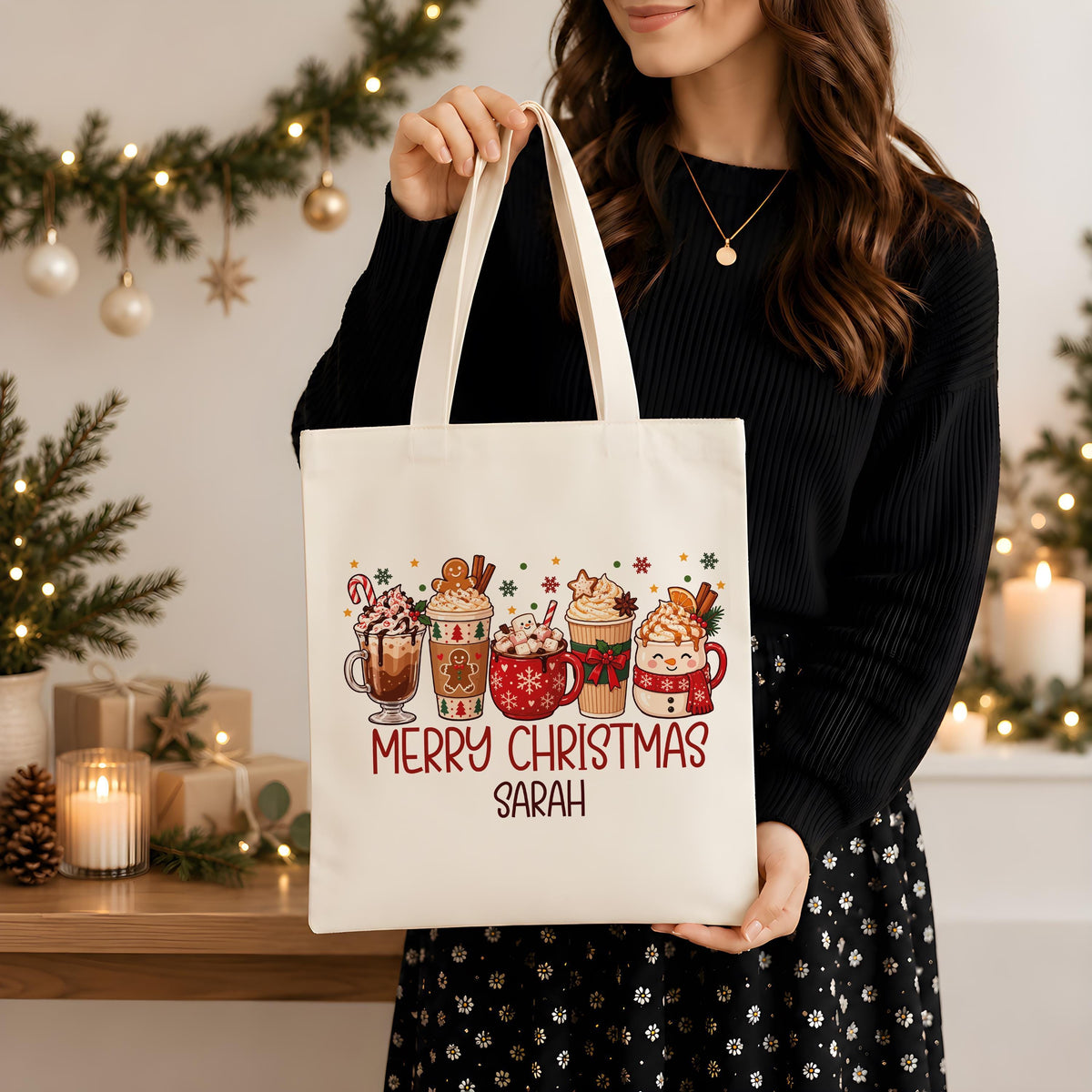 Custom Name Merry Christmas Canvas Tote Bag, Cozy Hot Cocoa Glass Can Cup, Personalized Cute Christmas Morning Gift Box Set For Her