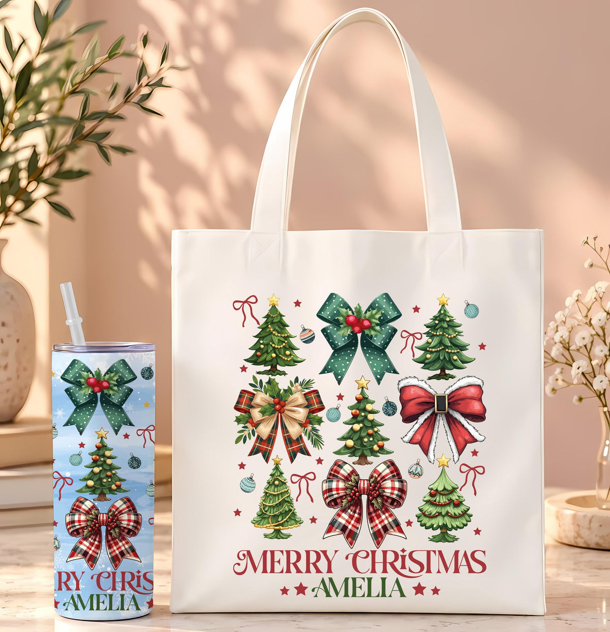 Custom Name Merry Christmas Insulated Cup & Canvas Tote, Festive Coquette Bow Tumbler and Goodie Bag, Personalized Holiday Gift Set