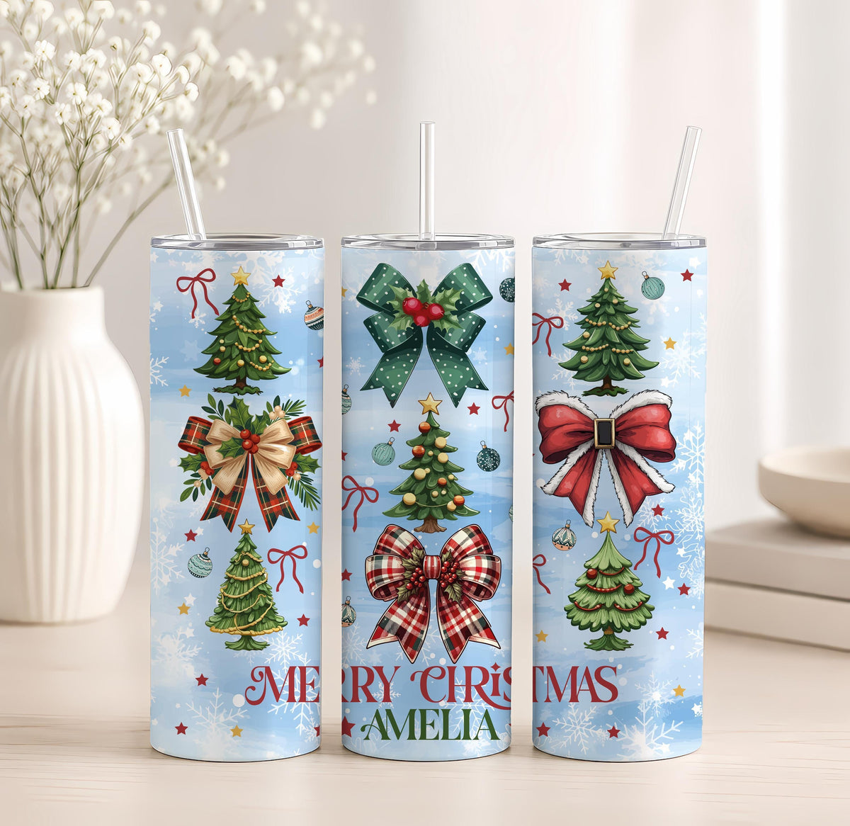 Custom Name Merry Christmas Insulated Cup & Canvas Tote, Festive Coquette Bow Tumbler and Goodie Bag, Personalized Holiday Gift Set
