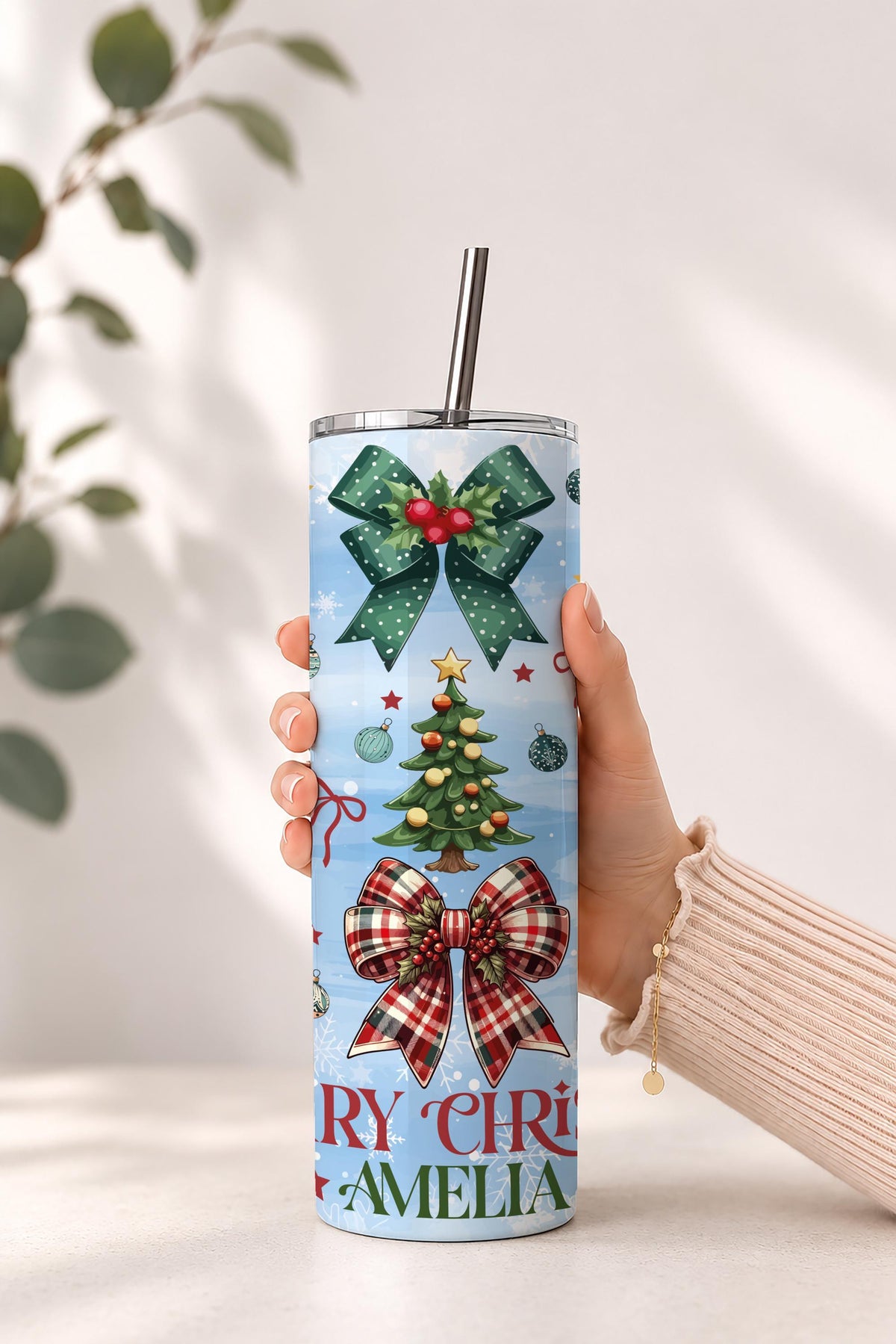 Custom Name Merry Christmas Insulated Cup & Canvas Tote, Festive Coquette Bow Tumbler and Goodie Bag, Personalized Holiday Gift Set