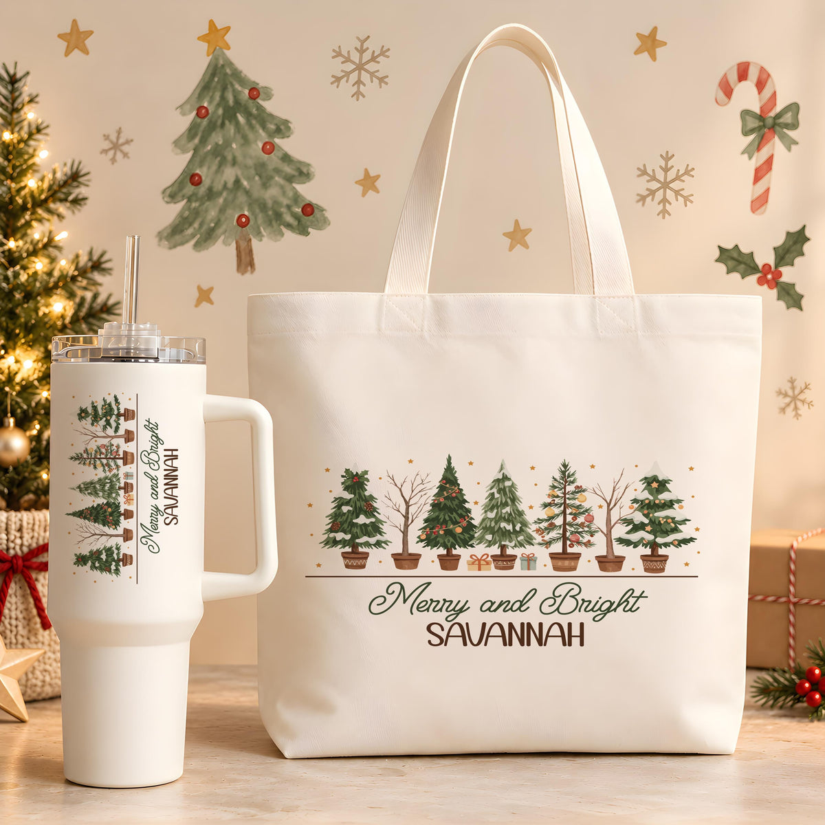 Personalized Merry And Bright Tumbler & Canvas Tote Bag, Custom Name Christmas Travel Cup and Shoulder Bag Set, Xmas Holiday Gift for Her